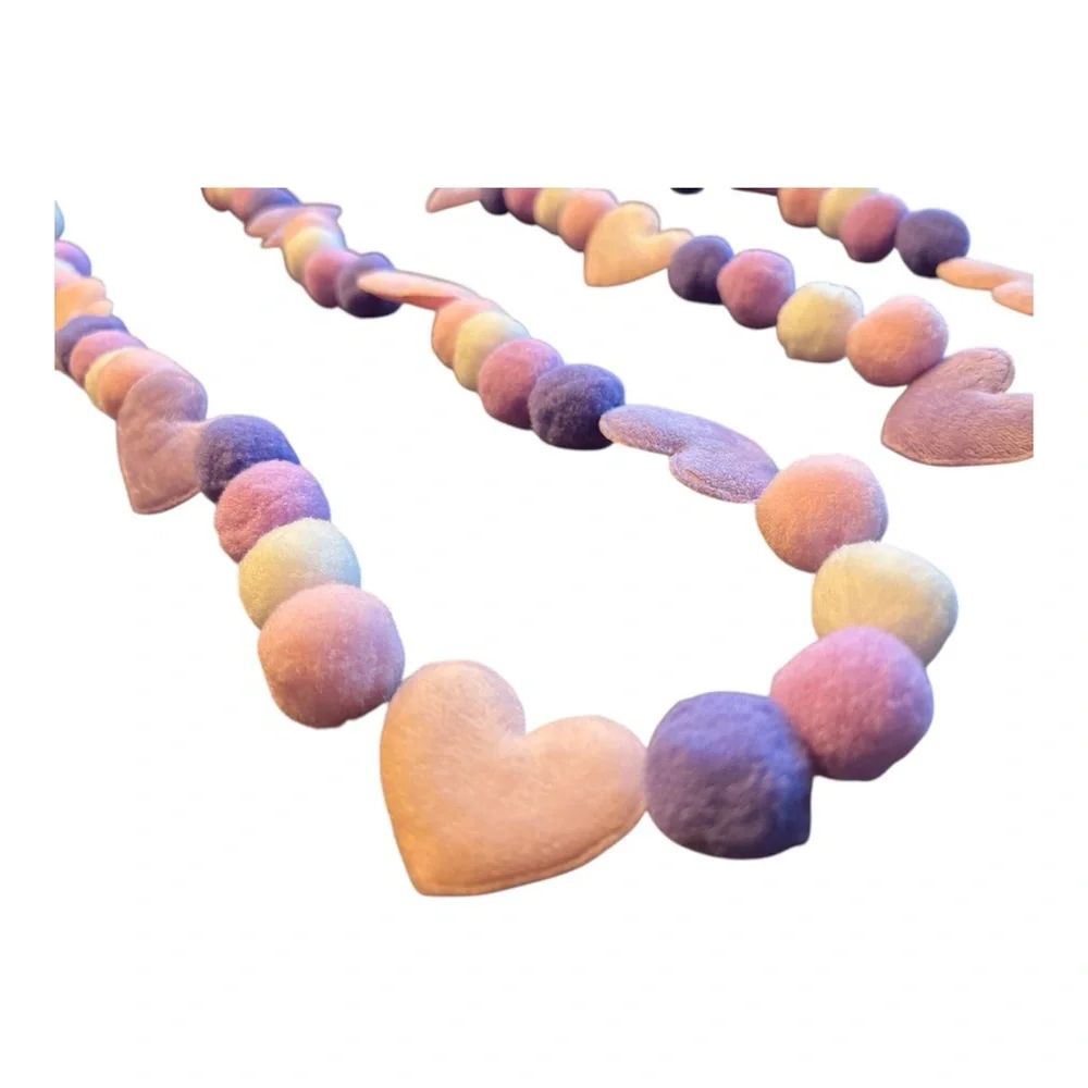 14 ft Valentine's Day Light Pink White & Purple Pom Pom Garland Handmade on Cord